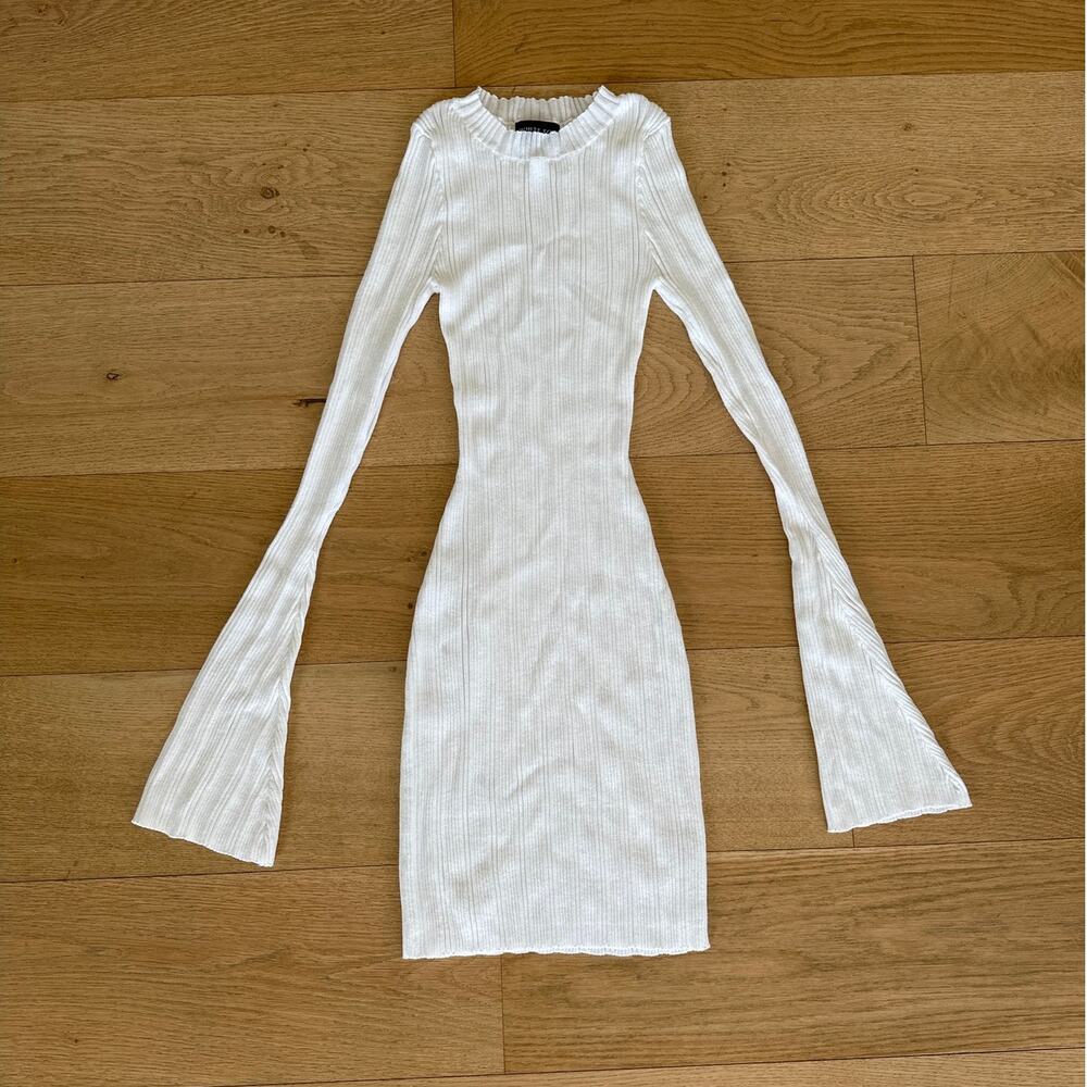 White Fox Boutique - Long Flare Sleeve Knit Mini Dress in White
